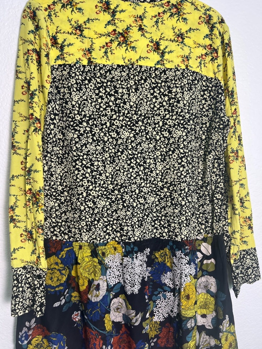 Sandro Floral Patchwork Mini Dress Yellow Black Long Sleeve Boho Size 2 - Picture 9 of 13